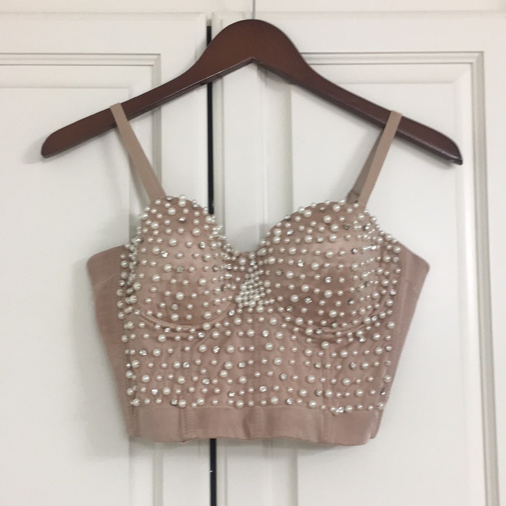 Elegant Pearl Embellished Tan Crop Top